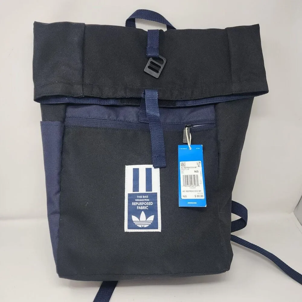 Adidas Backpack Mens Blue Reprocess Fabric Roll Top Padded Casual Bag Sports